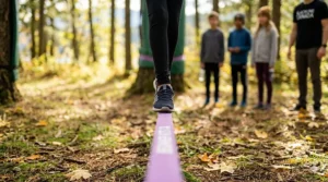 Side view of a 10-12 year old demonstrating proper slackline posture with L-shape arms and forward gaze in a Canadian park.