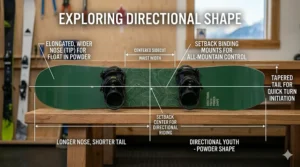 Diagram of a youth directional snowboard featuring a longer nose and shorter tail for all-mountain riding.