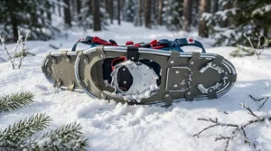 Illustration of kid-friendly, glove-compatible bindings on budget-friendly snowshoes, highlighting ease of use in cold weather.