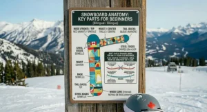 A photorealistic display of essential safety gear for an 11-year-old beginner, including a CSA-certified helmet with a Canadian maple leaf, wrist guards, and goggles, presented as an informational plaque set on a wooden post in a Canadian Rockies ski resort.