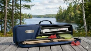 A Canadian family enjoying a game of badminton in their backyard using a specialized set for windy conditions.