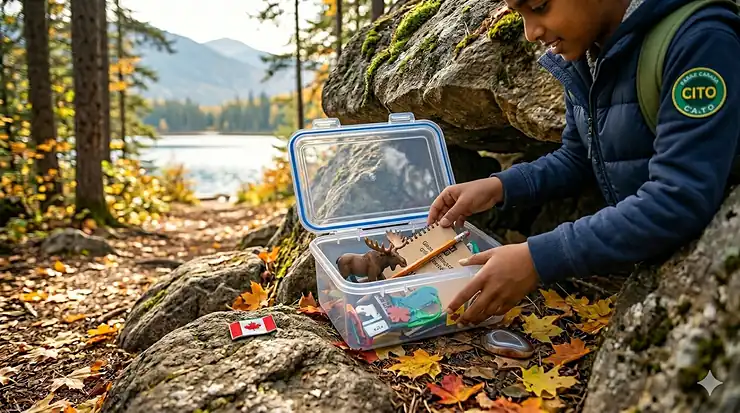 A diverse group of Canadian children in a forest using a geocaching starter kit for kids to find a bilingual cache container near a scenic lake.