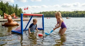 Large inflatable animal ride-on pool toys for kids, including a duck and whale, in a suburban Canadian inground pool.