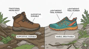 Comparison of lightweight trail runners and hiking boots for youth navigating rocky Canadian Shield terrain.