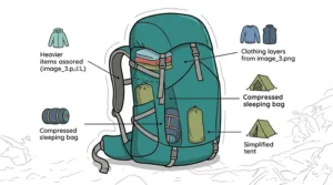 A diagram showing how to distribute weight in a tween's backpack for better balance on uneven Canadian hiking trails.