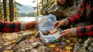 Canadian children using their geocaching starter kit for kids while practicing CITO (Cache In Trash Out) by picking up litter in a provincial park.