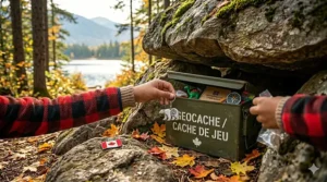 A traditional ammo can geocache with bilingual "GEOCACHE / CACHE DE JEU" stenciling hidden in the rocks for a geocaching starter kit for kids.