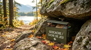 Children trading a polar bear trackable and other swag items in an ammo can, part of the fun with a geocaching starter kit for kids.