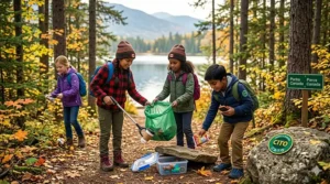 A clear waterproof geocache container filled with toys and a bilingual logbook, perfect for a beginner geocaching starter kit for kids.