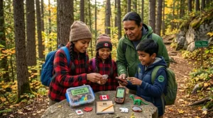 Canadian kids wearing toques and winter gear using a geocaching starter kit for kids to find a hidden treasure in a snowy pine forest.