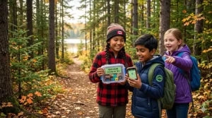 A young geocacher with a CITO patch carefully rehiding a cache container among rocks to finish a quest with their geocaching starter kit for kids.