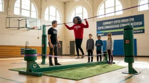 Indoor setup of a slackline for beginners age 10-12 in a Canadian community center gym for winter training in Victoria BC.