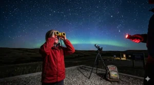 Children using top rated kids binoculars for stargazing in a Canadian Dark Sky Preserve in Saskatchewan.