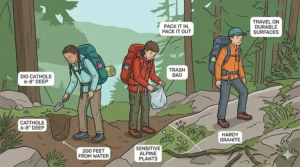An illustration of tween campers practicing Leave No Trace / Sans Trace principles in the Canadian backcountry.