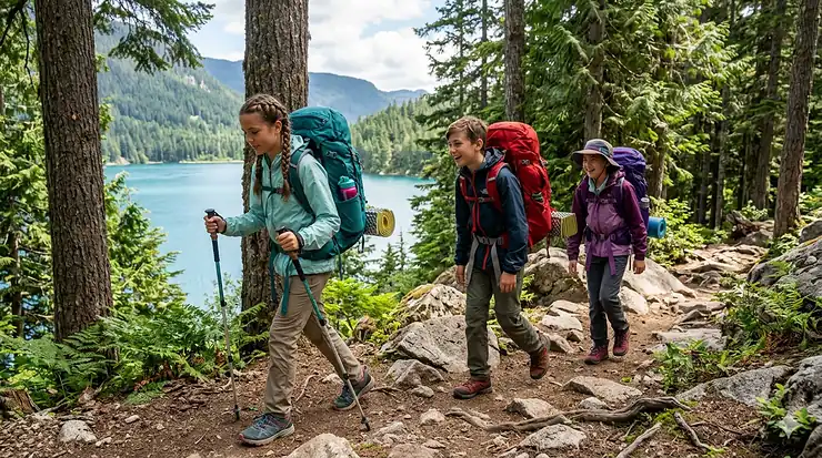 A candid, photorealistic photograph of a group of three tween backpackers (aged 10-12) hiking on a winding, rugged trail in a lush Canadian Provincial Park during a sunny summer afternoon. They are using lightweight trekking poles and colorful backpacks, navigating a trail lined with large pine trees, ferns, and granite rocks typical of the Canadian Shield, overlooking a pristine, turquoise blue lake surrounded by forested mountains under a partly cloudy sky. lightweight camping gear for tween backpackers