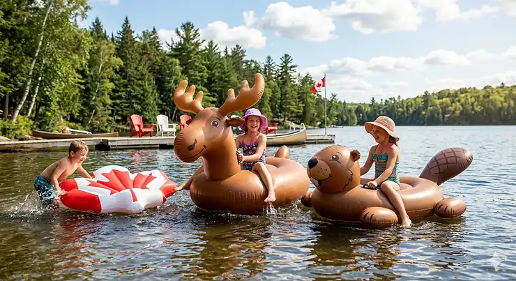 Two children playing a log jousting game with inflatable pool toys for kids during a summer vacation in Ontario. pool toys for kids Canada summer