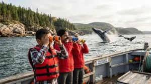 A kid wearing a life jacket using top rated kids binoculars to spot whales off the coast of Nova Scotia.