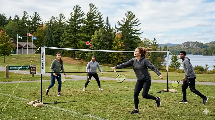A group playing with a wind-resistant outdoor badminton set on a breezy day in a Canadian provincial park, featuring stable shuttlecocks designed for windy conditions.