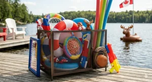 A mesh pool toy organizer filled with noodles and floats on a dock, keeping kids' summer gear tidy in Canada.