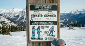 A photorealistic technical illustration presenting a bilingual (English and French) guide for the ideal rocker snowboard profile for an 11-year-old beginner, displayed on a plaque set on a wooden post in a Canadian Rockies ski resort, contrasting a "ROCKER" profile with "TRADITIONAL CAMBER".