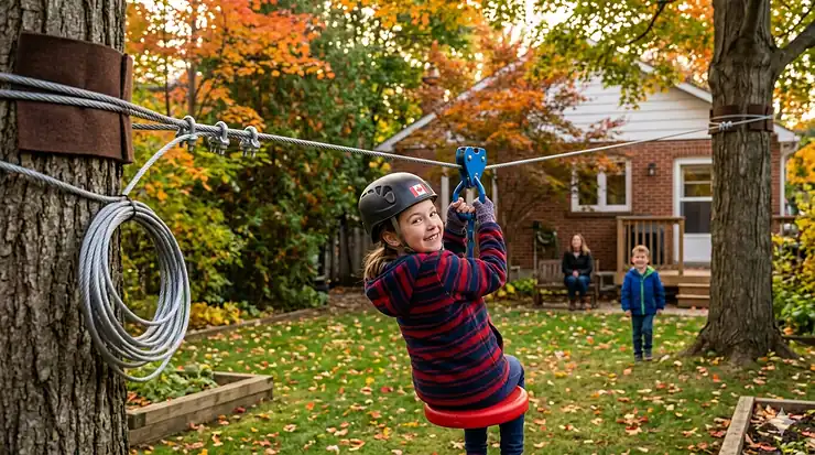 A diverse group of Canadian pre-teens practicing balance on a slackline for beginners age 10-12 in a sunlit mountain park with an instructor.