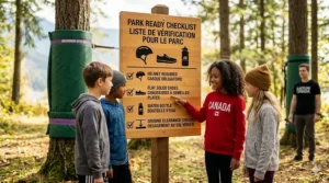 Bilingual Park Ready Checklist in English and French for kids using a slackline for beginners age 10-12 including helmet and flat shoes.