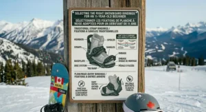 A photorealistic technical illustration presenting a bilingual (English and French) guide explaining 'SNOWBOARD ANATOMY: KEY PARTS FOR BEGINNERS', displayed on a plaque set on a wooden post in a Canadian Rockies ski resort.