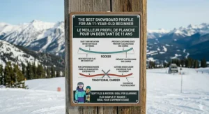 A high-detail photorealistic technical illustration presenting a bilingual (English and French) sizing guide chart for an 11-year-old beginner snowboard, displayed on a plaque set on a wooden post in a Canadian Rockies ski resort.