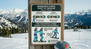 A photorealistic technical illustration presenting a bilingual (English and French) guide for snowboard stance for an 11-year-old beginner, displayed on a plaque set on a wooden post in a Canadian Rockies ski resort, illustrating 'GOOFY VS. REGULAR' and a 'Gentle Push Test'.