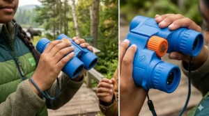 A child sitting in a canoe on an Ontario lake using top rated kids binoculars to observe a loon.