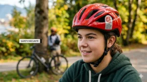 Teen cyclist wearing a CSA-certified helmet while riding a performance value bike in Canada.