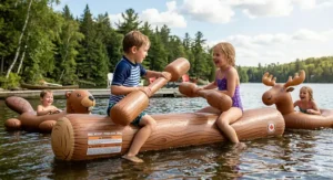 A toddler sitting on a Canadian-themed splash pad with maple leaf patterns on a wooden deck by the water.
