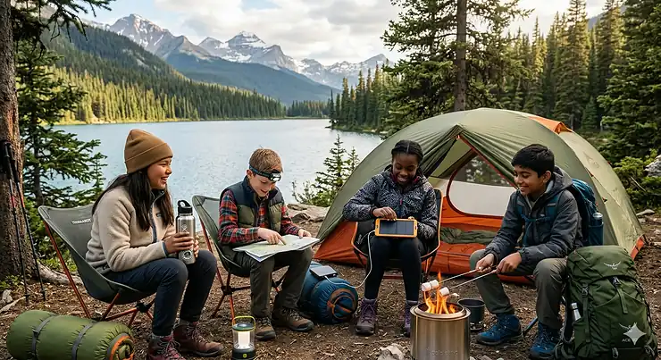 A group of tweens using top camping gear for tweens at a scenic Canadian lakeside campsite, featuring a modern solar-powered tent and cozy outdoor seating.