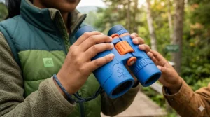 Detailed illustration showing the lightweight and ergonomic grip of top rated kids binoculars made for small hands.