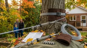 A macro view of the tensioning hardware, focusing on a heavy-duty turnbuckle and wire rope clamps used to secure the main zip line cable to the first anchor tree.