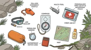 A collection of lightweight safety items including a bear whistle, compass, and small first aid kit for Canadian wilderness treks.