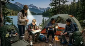 A durable LED camping lantern and lampe de poche (flashlight) for tweens, essential for safe night-time activities at the campground.