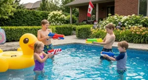 Children having a water blaster fight with bright pool toys in a backyard, celebrating a hot Canada summer day.