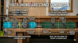 Illustration comparing centered stance on a twin tip vs. setback stance on a directional board for Canadian powder.