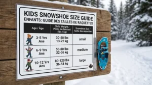 Close-up illustration of durable aluminum crampons on youth snowshoes designed for icy Canadian trail conditions.