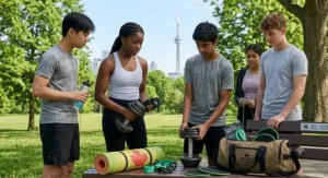 Canadian teens using portable push-up bars, a core item in the top rated portable fitness gear teens use for park workouts.