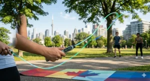 A group of diverse teens in Canada stretching on a portable fitness mat featuring Canadian imagery.