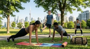 Canadian teens preparing for an outdoor workout with their top rated portable fitness gear and gym bag in a local park.