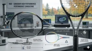 Bilingual infographic detailing the specifications of an advanced tennis racket for juniors for the Canadian market.