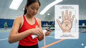 A diptych showing a junior player with the advanced tennis racket in a sunny, mountain-bordered Canadian outdoor court on the left, and another player with the same racket inside a bright indoor tennis bubble structure on the right.