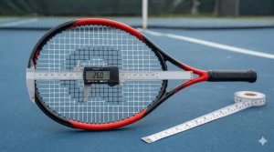 Close-up technical shot measuring a 26-inch length advanced tennis racket for juniors with digital calipers and a tape measure on a blue hard court surface, referencing the 26.0 IN and 66.0 CM markings.