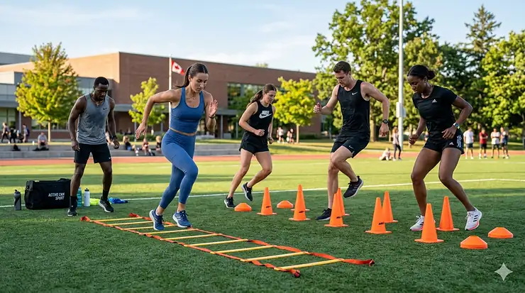 Athletes using an agility ladder and cones training set on a Canadian turf field.
