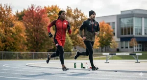 A photorealistic 4K image captures two Canadian high school athletes running on an outdoor track in autumn, wearing layered, moisture-wicking cold-weather competitive gear. Breath is visible in the cool air against vibrant fall foliage.