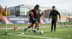 A high-definition photorealistic 4K photograph captures diverse Canadian high school soccer players training on bright green artificial turf. The central female athlete wears a moisture-wicking red jersey and durable cleats, actively dribbling under natural afternoon light.