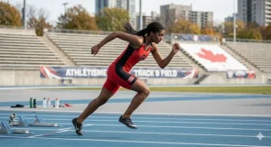 A photorealistic 4K image captures a female Canadian high school student athlete in red competitive gear and sprinting spikes, mid-stride on a blue stadium track with "TRACK & FIELD" and "ATHLÉTISME" banners visible under natural sunlight.